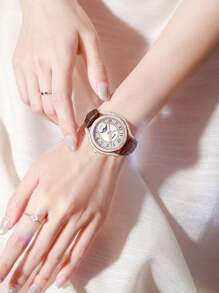 DOM 1pc Women's Fashion Diamond-Studded Moon & Star Dial Mother-Of-Pearl Leather Band Waterproof Wrist Watch