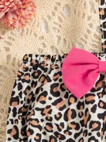 Baby Girl Summer Cute Ruffle Trim Leopard Print Tank Top & Ruffle Trim Diaper Pants & Bow Decor Sunhat 3pcs/Set Outfit - Multicolor - View 6