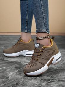 Breathable Knit Sneakers With Letter Decoration, Wedge Design, Multifunctional And Comfortable Sports Shoes With Inner Height Increase And Non-Slip Features, Suitable For Women's Hiking, Street Wear, And Traveling - Khaki - View 3