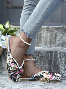 Women's Student Back-To-School Season Full-Print Faux Pearl Design Bow Flat Sandals Outdoor Fashion Wedding Work School Dormitory Vacation Travel Beach Can Be Worn - Multicolor - View 2