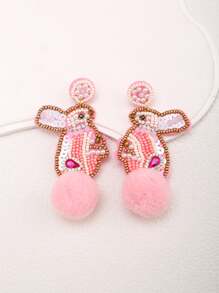 1 Pair Fashionable Easter Day Earrings With Beads, Sequins And Embroidered Eggs And Rabbits Design For Women