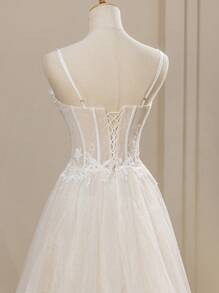Vestido de Fada com Alças de Espaguete com Renda Floral, Vestido de Casamento Elegante Romântico em Linha A com Tule e Cauda para Festa e Banquete - Branco - Visão 9