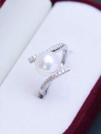 1pc Elegant Women's Pearl Ring, Cubic Zirconia, Romantic Wedding Engagement Jewelry