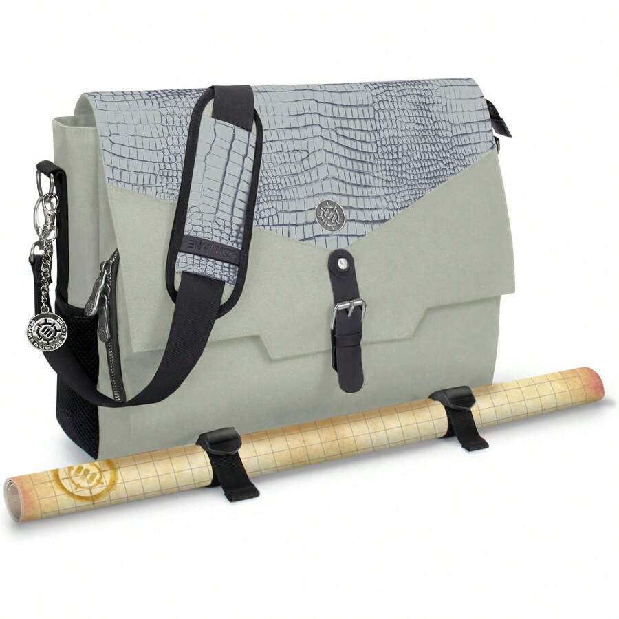 ENHANCE Collector's Edition RPG Player's Essentials Bag - Dragon Hide Exterior Messenger Bag Fits 2-4 Books, Binders, Dice & Accessories, With 17 Inch Laptop Slot, Battlemap Straps (Dragon Silver)
