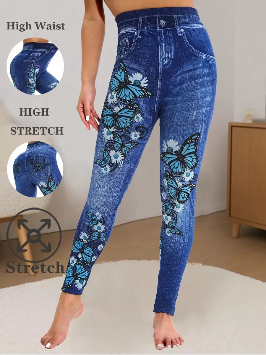 女士休闲牛仔风格紧身裤，带蝴蝶印花，高弹力，舒适，适合户外、旅行、徒步旅行、散步、购物、健身、瑜伽、休闲、春夏季 - 藍色 - 查看 1