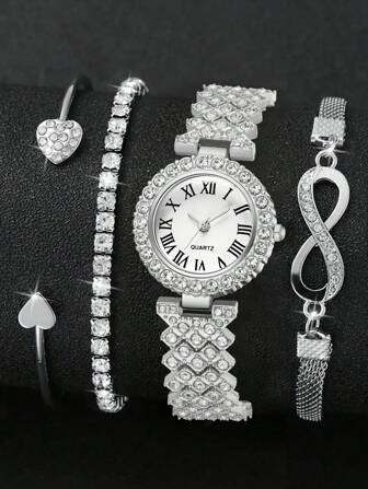 4pcs/Set Silver Alloy Strap Women's Watch Set, Luxury Crystal Roman Numeral Round Dial Quartz Watch Bracelet Set, Suitable For Daily Outfit Matching