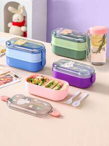 1/2pcs Cartoon Double Lunch Box Students With Rice Compartment Large Capacity With Tableware Microwaveable Heating Children's Lunch Box