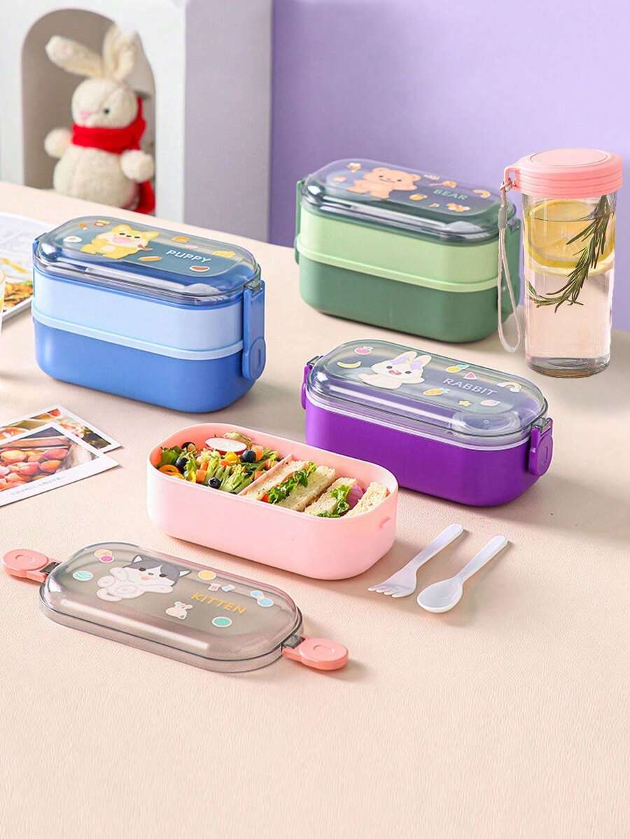 1/2pcs Cartoon Double Lunch Box Students With Rice Compartment Large Capacity With Tableware Microwaveable Heating Children's Lunch Box