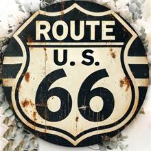 1 pieza Señal de carretera de madera vintage de la Ruta 66, arte de pared estadounidense retro de carretera, placa redonda decorativa para el hogar, bar, cafetería, garaje, casa de campo, estilo de agujero aleatorio
