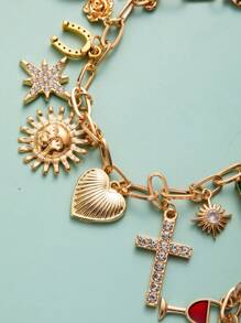1 件复古月亮、星星、、五叶花、高跟鞋、蝴蝶、心形吊坠女士黄金首饰精致手链礼物 - 多吊墜手鍊 - 查看 2