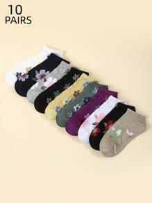 10 双复古花卉图案低帮女式短袜，春夏 - 彩色 - 查看 1