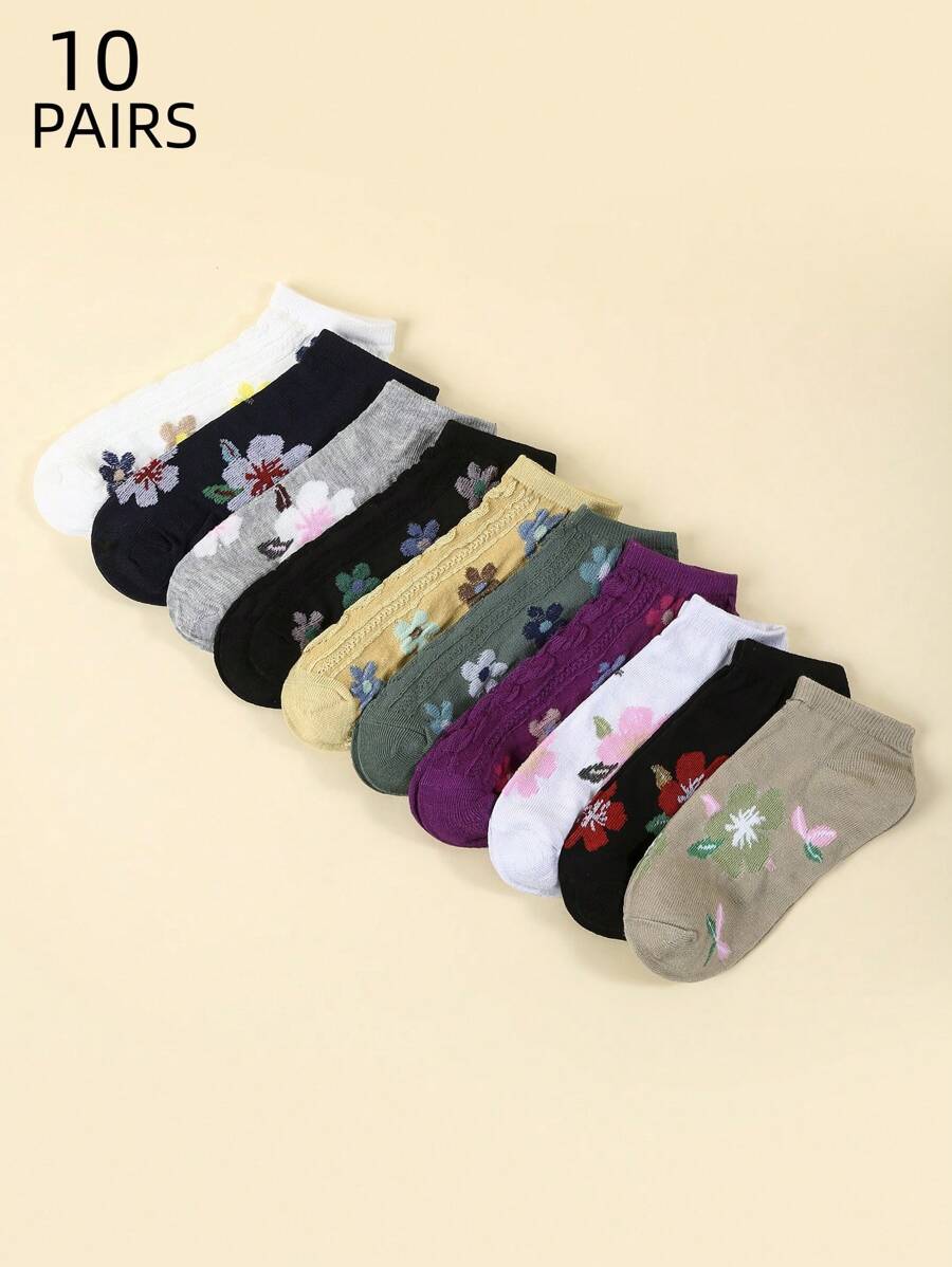 10 双复古花卉图案低帮女式短袜，春夏 - 彩色 - 查看 1
