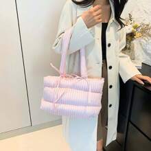 Women Puffer Tote Bag Fashion Striped Print Bow Shoulder Bag Handbag For Travel Daily Shopping - Hồng - Xem 6