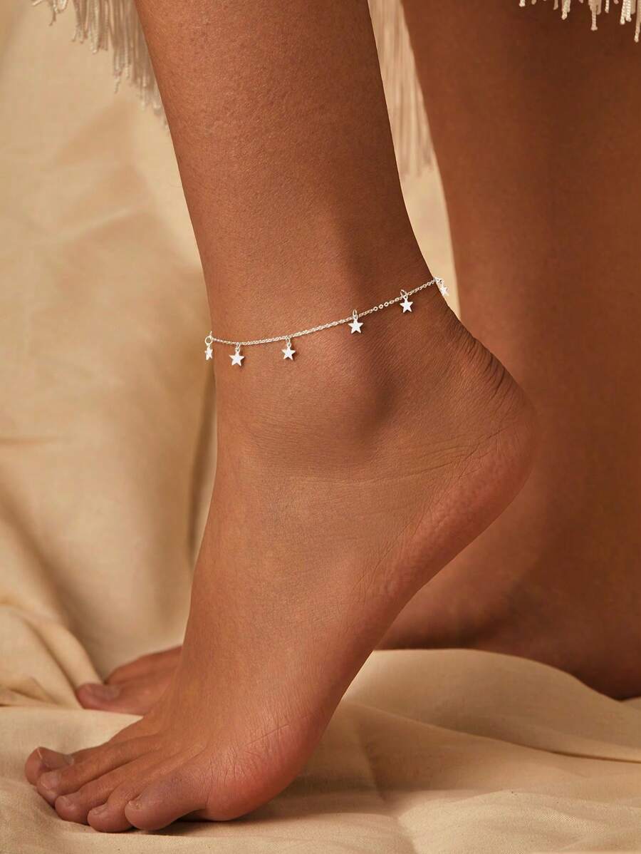 SYMFNY 1pc 925 Sterling Silver Minimalist Smooth Five-Pointed Star Anklet, Suitable For Women Daily Wear And Vacation