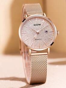 DOM 1件女士时尚米兰尼斯网状表带石英表，金色，商务休闲风，防水，心形日历显示，适合日常佩戴，可作为礼物送给朋友或母亲 - 金色 - 查看 2