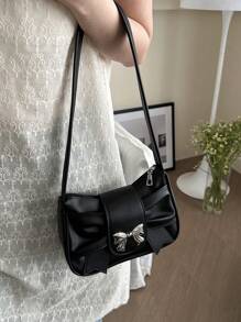 褶皱蝴蝶结金属装饰 PU 皮革腋下包，拉链开合时尚轻便单肩包，适合休闲、约会、礼物、甜美、清新优雅风格的小手提包 - 黑色 - 查看 6