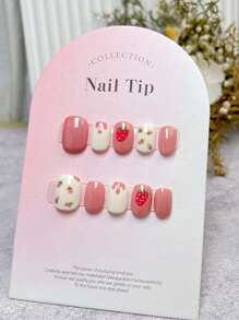 10pcs Handmade Cute Sweet Strawberry Short-Style Nail Stickers For Nail Art, Reusable And Removable For Students Press On Nails - Multicolor - View 2