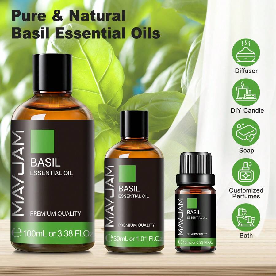 Óleo Essencial de Manjericão 10/30/100ml, MAYJAM 1 peça Óleos de Manjericão Premium para Difusores de Aromaterapia Umidificador Vela e Fabricação de Sabão, Óleos Essenciais Puros para Difusores para Perfumes Domésticos DIY, Aromas de Longa Duração