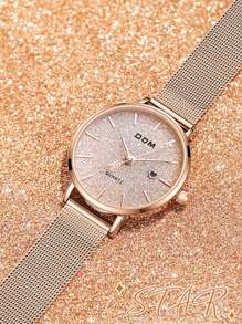 DOM 1件女士时尚米兰尼斯网状表带石英表，金色，商务休闲风，防水，心形日历显示，适合日常佩戴，可作为礼物送给朋友或母亲 - 金色 - 查看 3