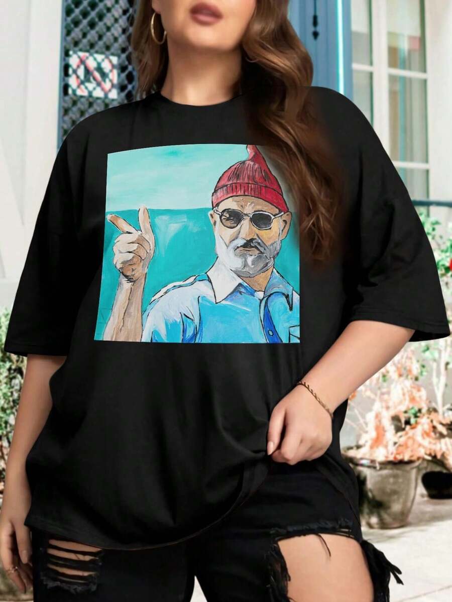Team Zissou Plus Size Women's oversize women T-Shirt Bill Murray Comedy Movie Humor - Negro - Ver 1