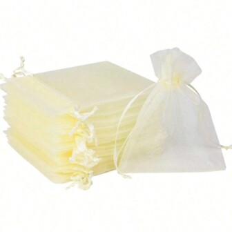 10/50/100个米色礼品包装袋，象牙色欧根纱糖果袋餐具，彩色欧根纱礼品包装袋，各种节日派对包装用品，节日家居用品，节日婚礼派对礼品包装用品，节日活动和派对礼品包装袋