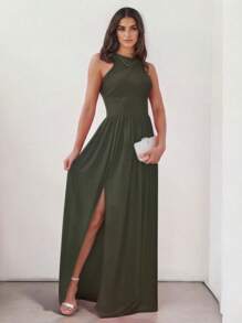 Sofisticado Vestido Largo con Hombros Descubiertos y Abertura en Pierna - Verde militar - Ver 3