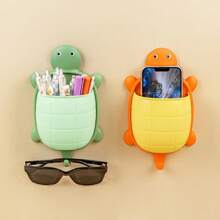 1pc Cute Yellow, Green And Grey Turtle Shaped Wall Mount Storage Box - Plastic, No Drilling Self-Adhesive Storage Box For Remote Controls And Accessories, Practical Hooks