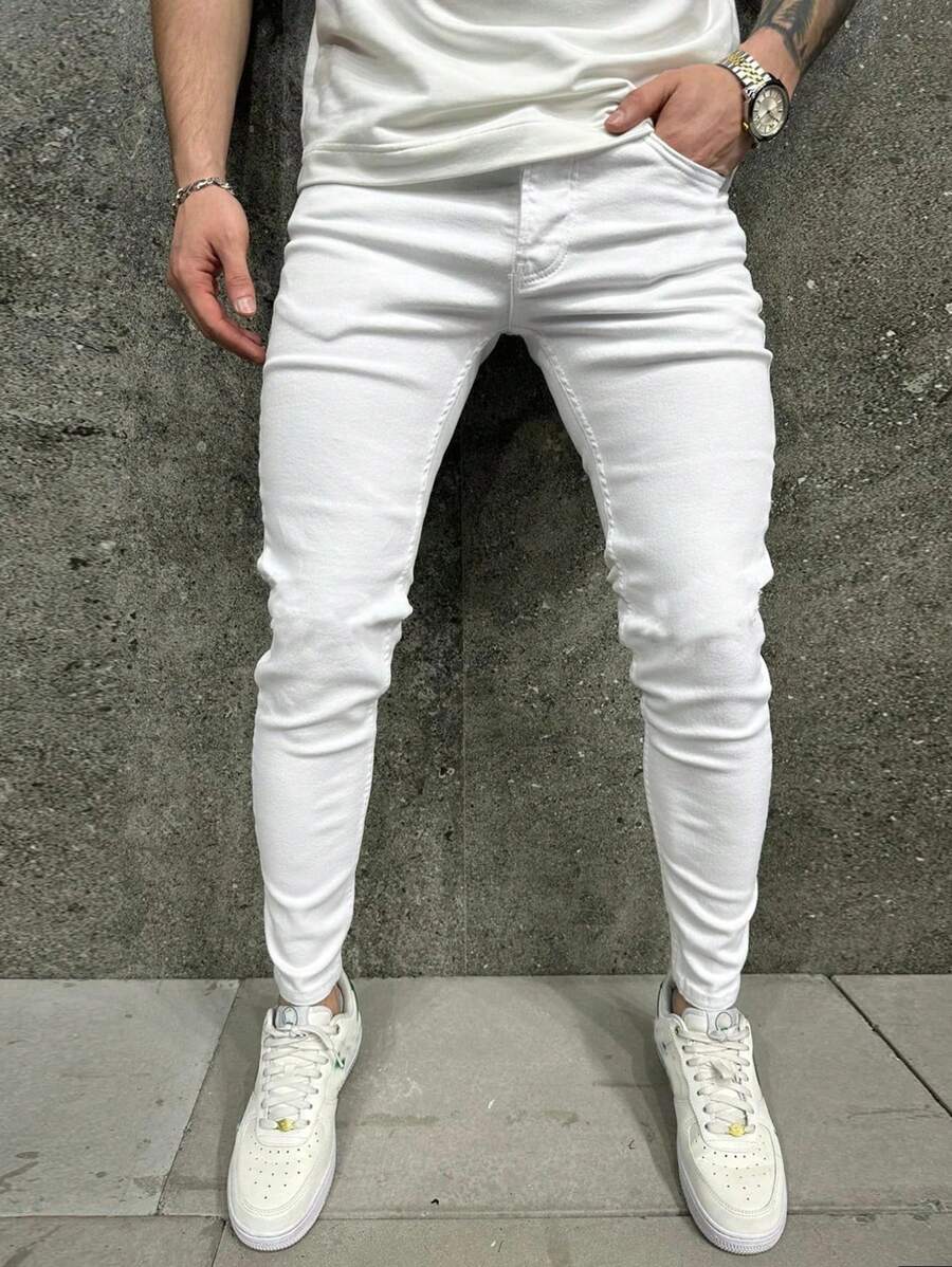 Men's Casual Slim Fit Stretch Denim Jeans - White - View 1