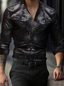 Men's Classic Fashion Black Leaf Print Dress Shirt, Radiates Confidence Globally! Designed For Comfort And Style, Long Sleeve Single-Breasted Lapel Shirt, Printed Shirt Creates Versatile Looks. Fashionable Shirt For Men, Easily Handles Various Occasions