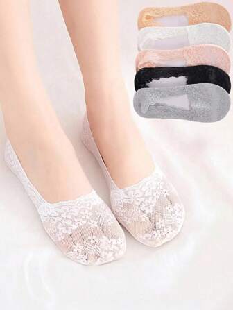 5 双女士樱花混色蕾丝花边深切隐形船袜春夏季款适合日常穿着