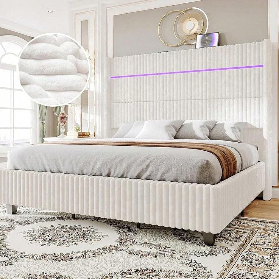 Queen/King/California King Size 60'' Tall Bed Frame With LED Lights, Faux-Fur Upholstered Platform Bed Frame With Wingback Headboard And Charging Station, Stylish Bedroom Furniture Design, No Box Spring Needed, White