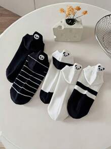 5 đôi tất thuyền ngắn hở mũi thêu hình gấu trúc cho nữ có gót, tất cổ ngắn mỏng tối giản màu trơn, - Nhiều màu - Xem 4