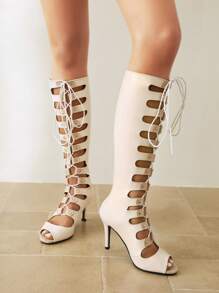 High Boots Hollow Mesh Open Toe Sexy Stiletto Heeled Zipper Closure Gladiator Sandals For Women - Baby Pink - View 4