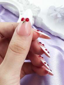 10 piezas Uñas postizas con patrón de cerezas lindas, adecuado para fiestas y viajes, versión de primavera - Rojo y blanco - Ver 6