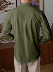 Áo sơ mi nam cổ đứng, đơn giản và thời trang cho trang phục hàng ngày, mùa thu, áo dài tay - xanh quân đội - Xem 3