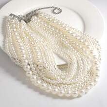 1 Pc Vintage Glamorous Multi-Layer Faux Pearl Necklace, Suitable For Women Evening Party, Wedding Or Gift