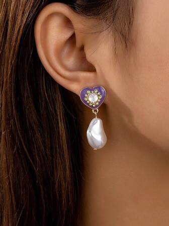 1对复古法式心形珍珠耳环，奢华水钻镶嵌滴油耳环，