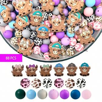 Set di perle in silicone a forma di mucca in 12/15/34/55/84/88 stili, combinazioni di colori 2D e 3D, adatte per gioielli fai-da-te, portachiavi e artigianato - ideali per perle per penne e regali fatti a mano - perle e assortimenti di perle