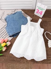 女婴夏季甜美可爱牛仔背心上衣和白色吊带公主派对礼服套装 - 淺藍色 - 查看 2