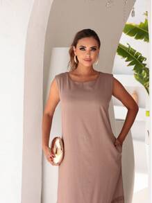 Vestido Longo Feminino Regata em Linho com Elastano, Forrado, com Babado, Detalhe em Gripir e Fenda Lateral - Elegante, Casual e Clássico para o Verão