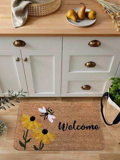 1件蜜蜂花卉图案文字印花门垫，柔软毛绒长方形防滑吸水垫，适用于室内、卧室、浴室、家居使用