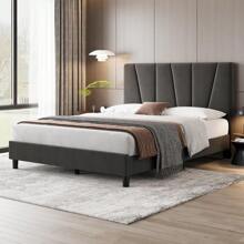 CuisinSmart Twin/Full/Queen/King Size Bed Frame With Headboard,Linen Upholstered Platform Bed With Adjustable Tufted Headboard,Strong Wooden Slats Supports,No Box Spring Required,Easy Assembly,Grey - 深灰色 - 查看 1