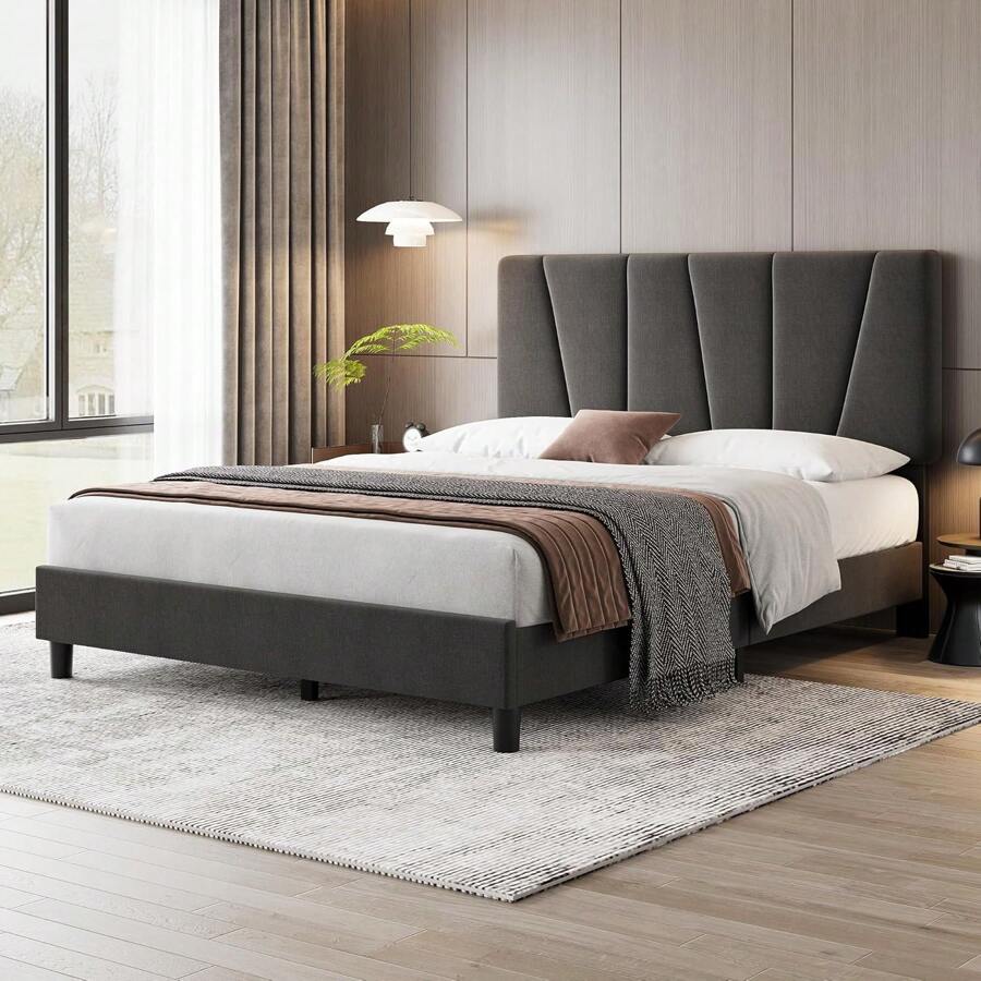 CuisinSmart Twin/Full/Queen/King Size Bed Frame With Headboard,Linen Upholstered Platform Bed With Adjustable Tufted Headboard,Strong Wooden Slats Supports,No Box Spring Required,Easy Assembly,Grey - 深灰色 - 查看 1