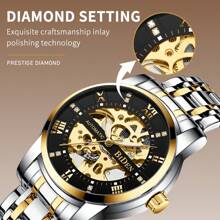 BIDEN 男士机械表，时尚商务自动机械表，镂空夜光表盘，不锈钢表带，男士防水机械表 - 均碼 - 查看 10