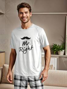 1 套男士睡衣套装，包括：1 条格子休闲裤和 1 件印有“Mr. Right”字样的白色短袖 T 恤 - 白色 - 查看 6