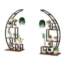 Danolapsi Plant Stand Indoor,5 TierTall Plant Shelf Half Moon Shape Garden Plant Holder,Large Holder Display Shelf,Curved Flower Display Holder With Hanging For Home Patio Lawn Garden Balcony - Vintage Smoked Wood Color + Black - View 4