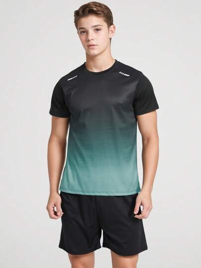 2pcs Sportswear Set For Teen Boys, Includes Short Sleeve Gradient Mesh Lightweight Tee And Sports/Running Shorts, Suitable For Basketball, Soccer