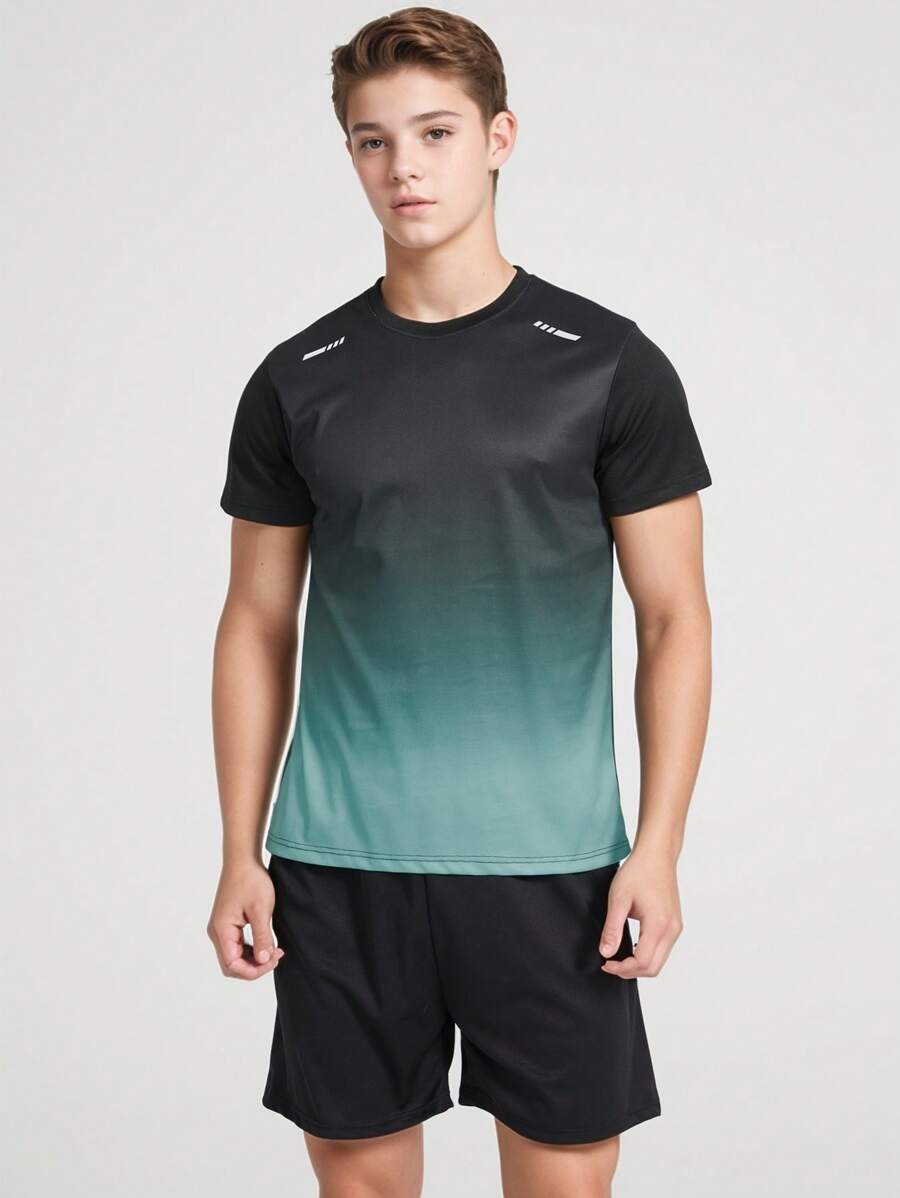2pcs Sportswear Set For Teen Boys, Includes Short Sleeve Gradient Mesh Lightweight Tee And Sports/Running Shorts, Suitable For Basketball, Soccer - Multicolor - View 1