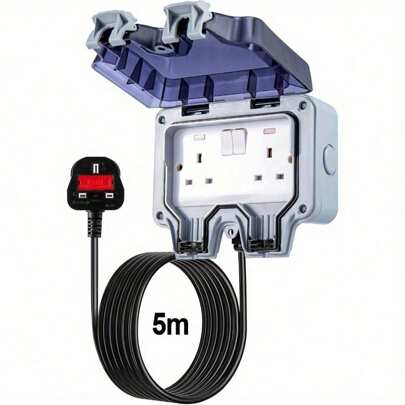 5-25M 2 Gang Outdoor Socket 13Amp With Extension Lead Switched Sockets Garden Power Socket External Mains Outlets Wall Plug Socket Box