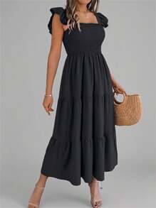 New Arrival Summer Solid Color Square Neck Backless Casual Ruffle Hem Sleeveless Camisole Little Black Dress - Black - View 3